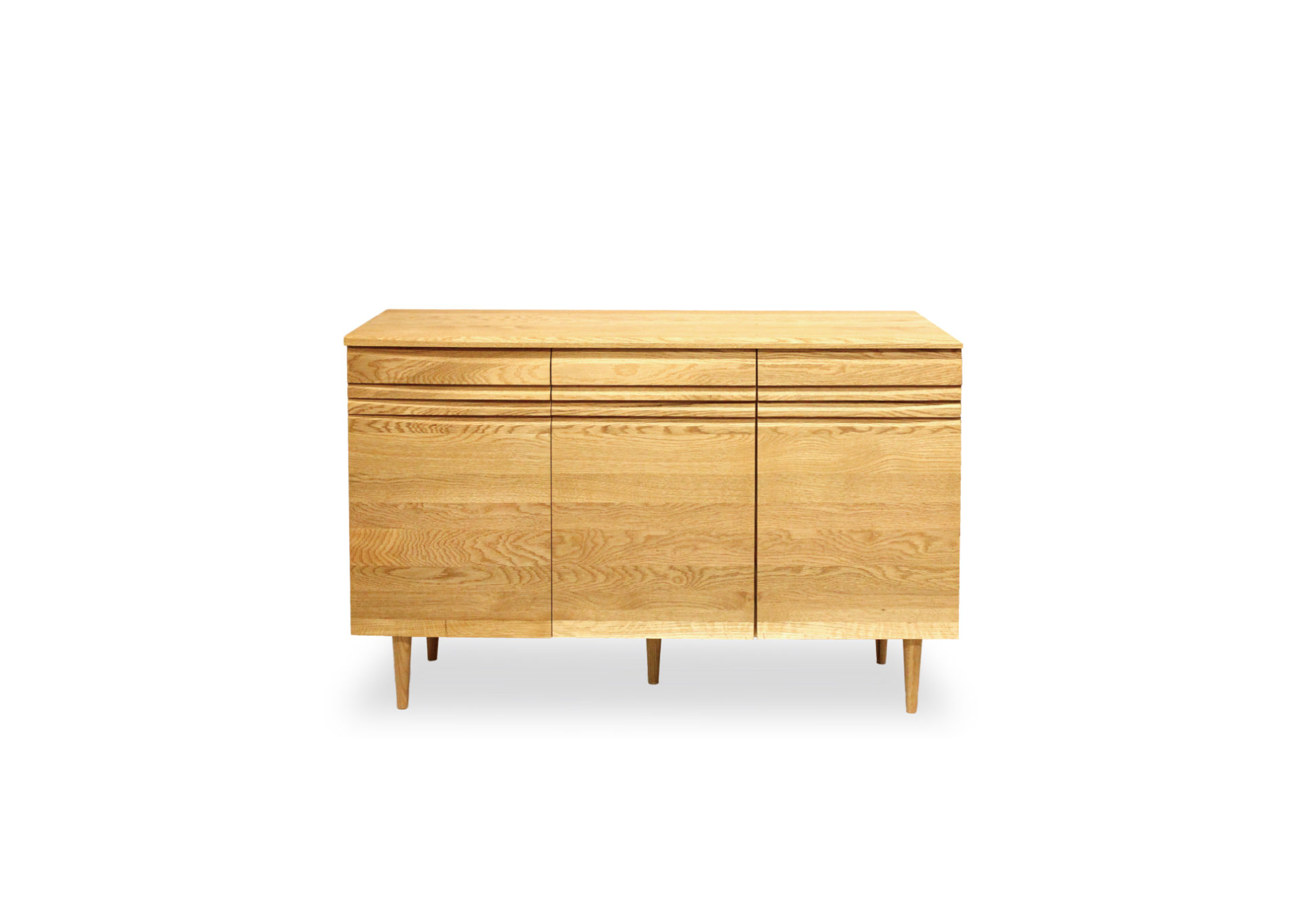 GRANDSTAGE 120 サイドボード　オーク無垢材 サイドボード 横3本スリットデザインの浅引出し3杯横並びと3面開き扉 脚付きデザイン ナチュラル 北欧 ライト