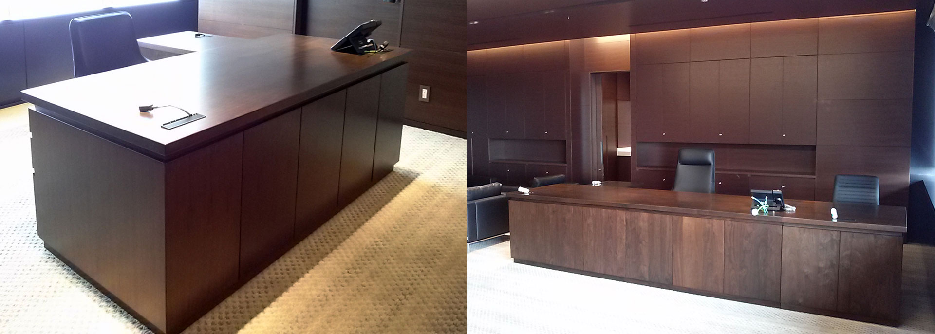 間接照明と木製家具で統一された、重厚感のある役員室インテリア